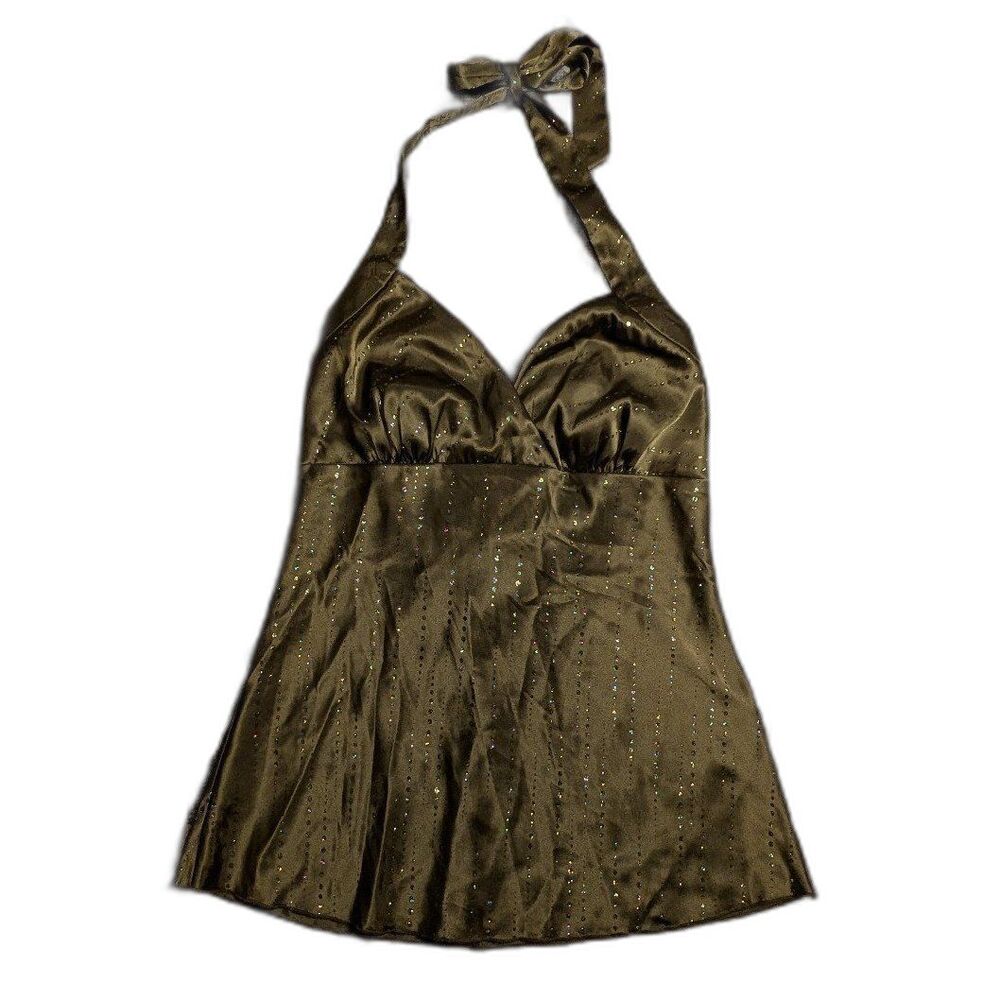 Vintage Y2K Trixxi Green Shimmery Sparkle Satin Halter Top Empire Waist Size S/M